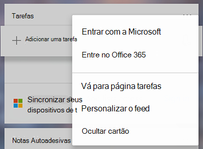 Captura de tela mostrando a opção de entrar com a Microsoft ou Office 365 no menu mais Tarefas card mais