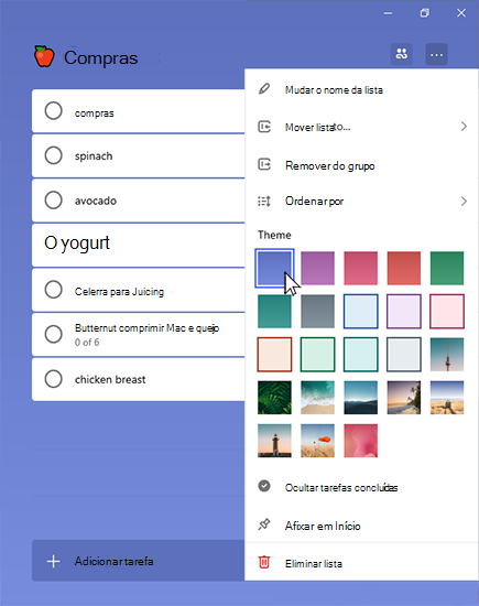 Lista de mantimentos com o menu mais aberto e um tema selecionado
