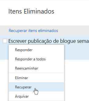 Captura de tela mostrando o menu de recuperar itens excluídos