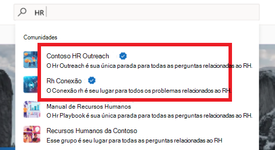 Imagem dos resultados da pesquisa mostrando uma mistura de comunidades oficiais e não oficiais