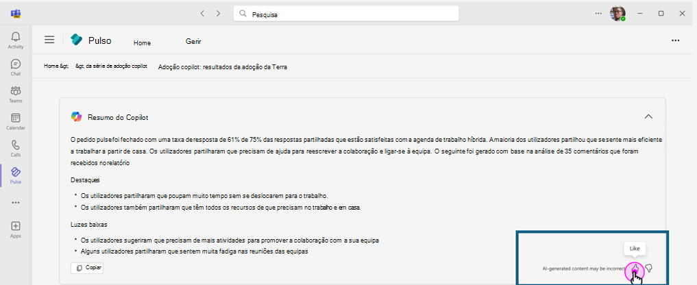 Captura de ecrã a mostrar a experiência para os utilizadores submeterem os respetivos comentários sobre o resumo do relatório gerado com o Copilot
