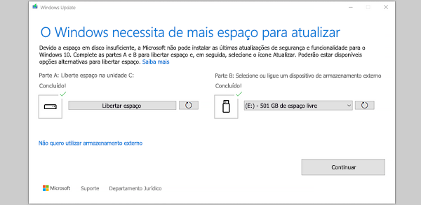 Mensagem O Windows precisa de mais espaço para atualizar