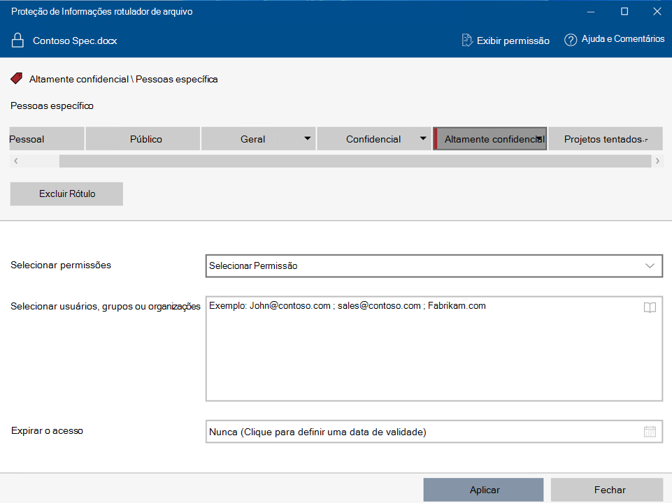 Aplicar rótulo de confidencialidade com permissões personalizadas usando o Rotulador de Arquivo de Proteção de Informações do Microsoft Purview