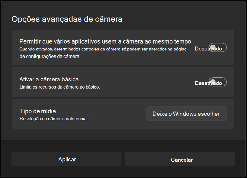 Opções avançadas da câmera mostrando configurações para permitir que vários aplicativos usem a câmera, ativar a câmera básica e selecionar um tipo de mídia preferencial.