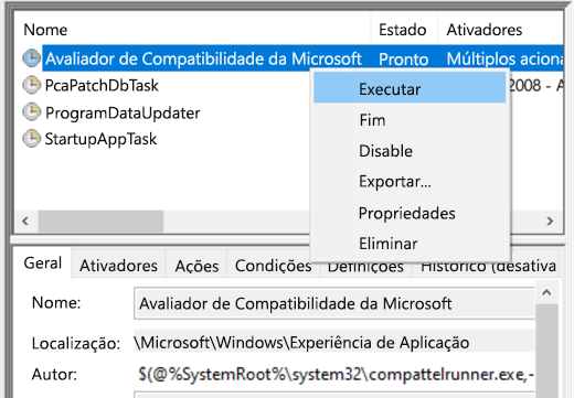 Executando o Avaliador de Compatibilidade da Microsoft no Agendador de Tarefas.