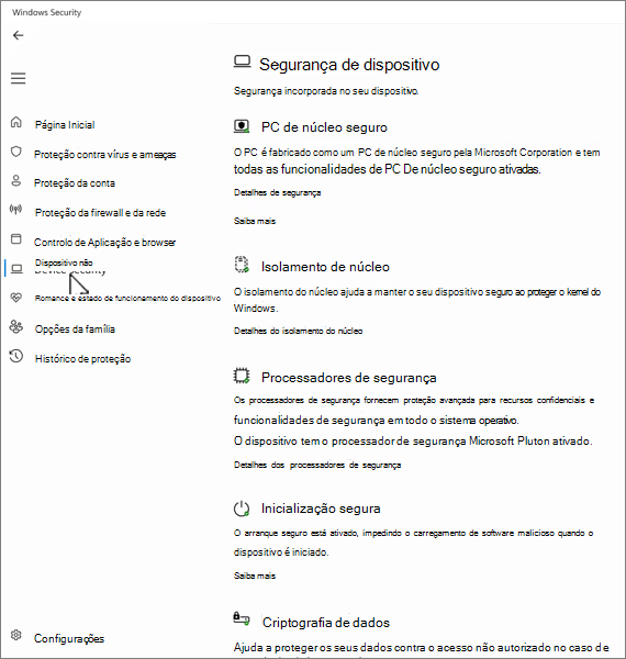 Captura de tela da tela de segurança do dispositivo no aplicativo Segurança do Windows.