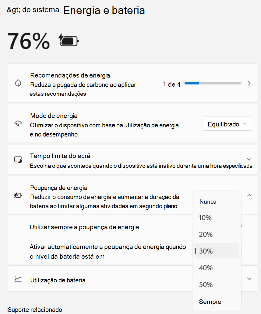 Captura de ecrã a mostrar as Definições>, Energia do Sistema > e Poupança de Energia da Bateria >