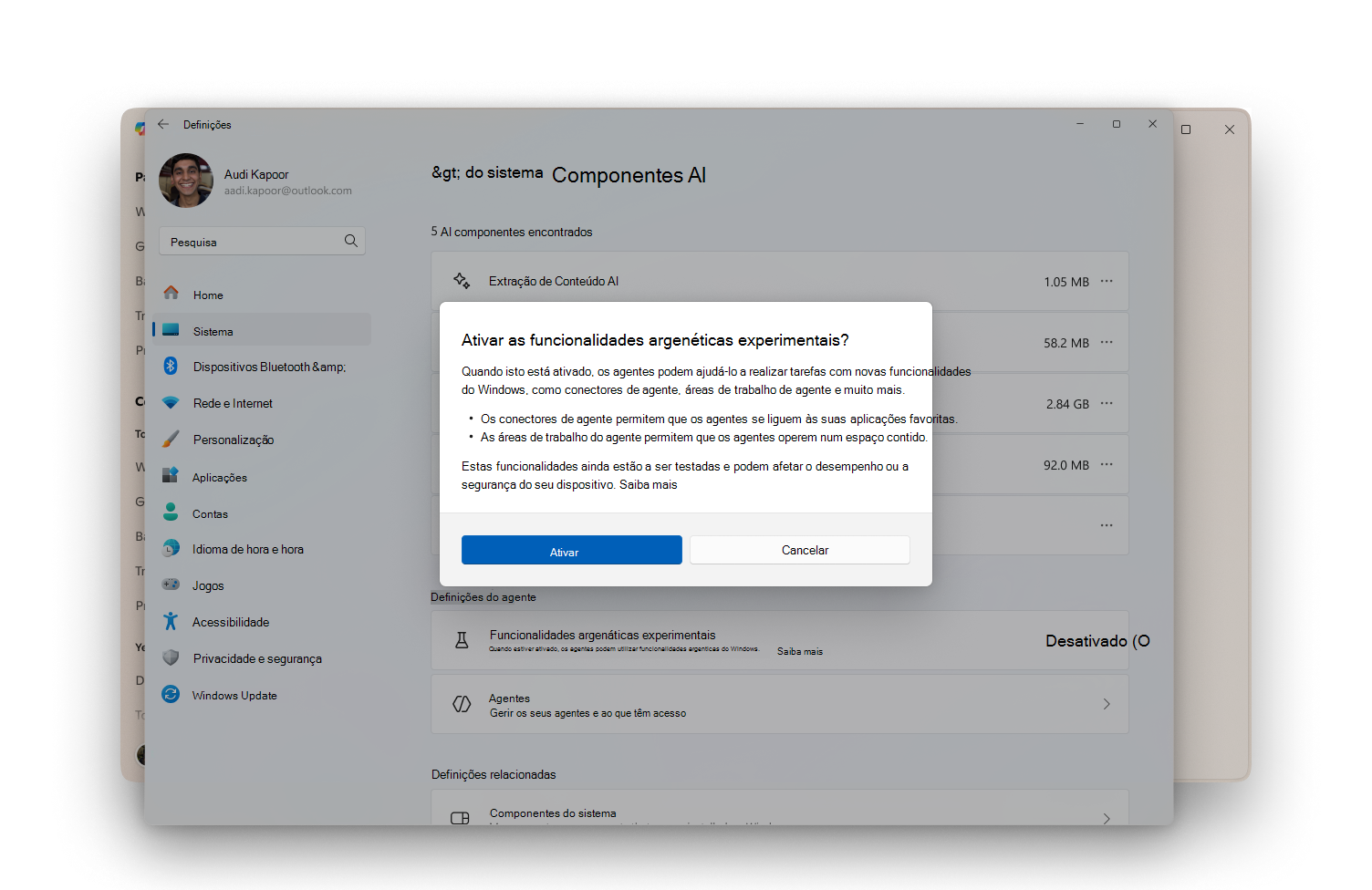 Caixa de diálogo que é exibida quando você seleciona a configuração do recurso agenciais experimental