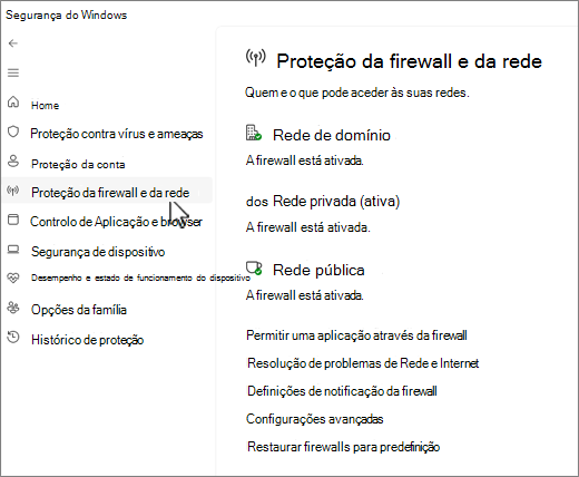 Captura de tela da página Firewall e Proteção de Rede do aplicativo de Segurança do Windows.