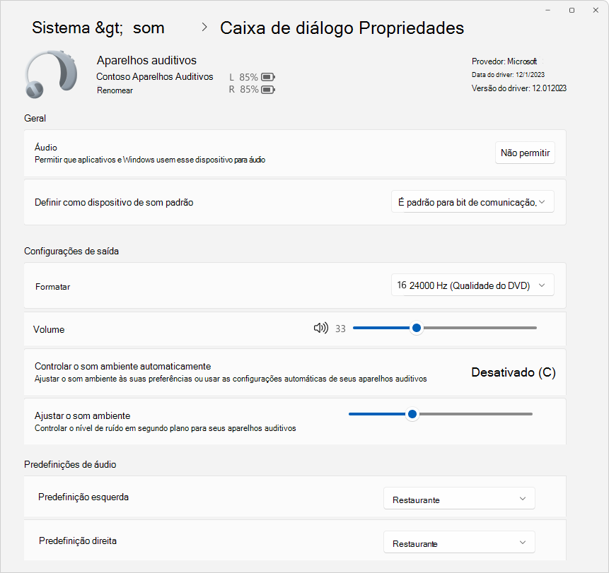 Captura de ecrã das Definições > de Propriedades de Som do Sistema >> a mostrar algumas opções disponíveis para configurar um dispositivo de aparelhos auditivos.