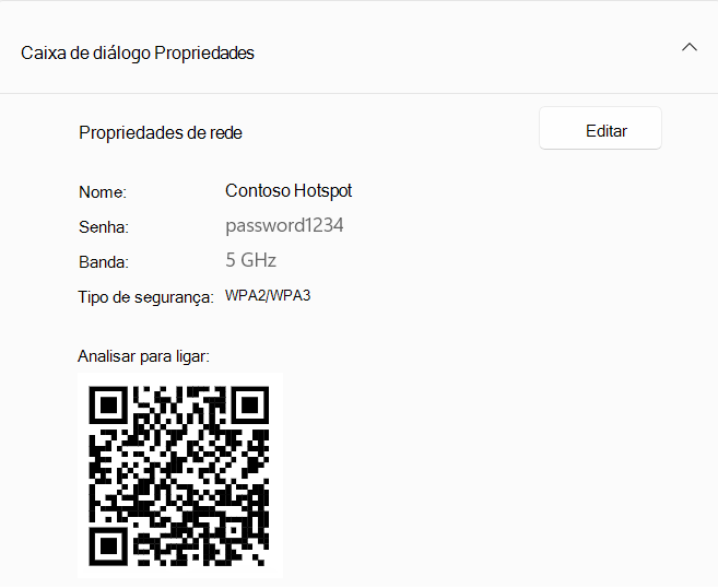 Captura de tela de um código QR usado para se conectar a um dispositivo Windows atuando como um hotspot.