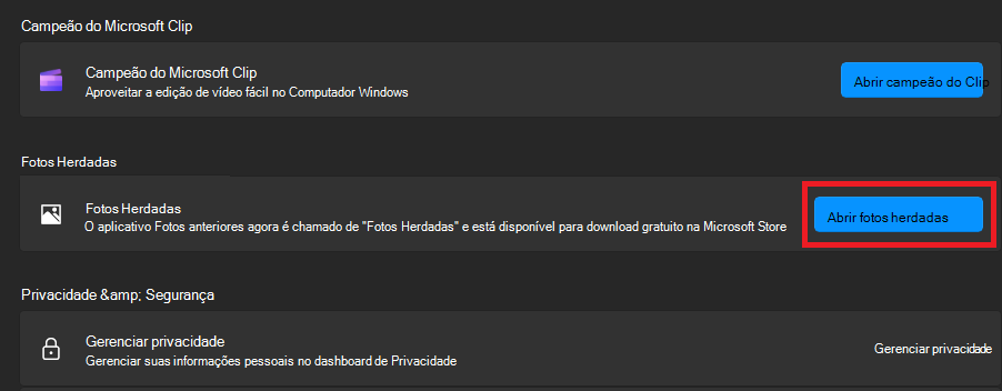 Clique em Abrir Fotos Herdadas