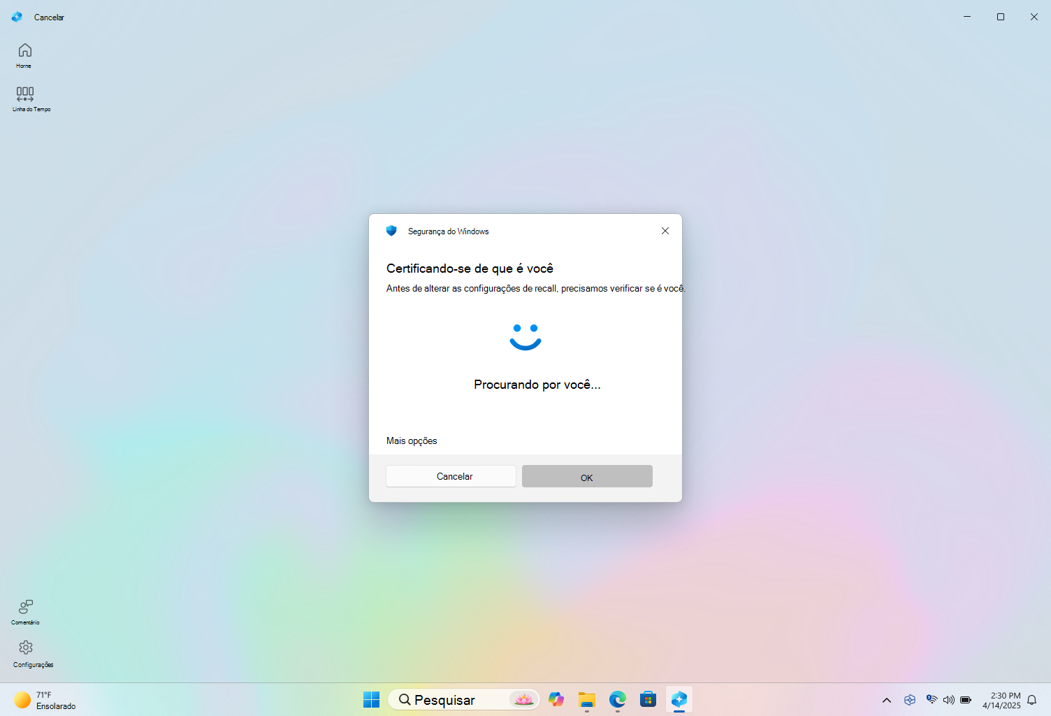 Captura de ecrã a mostrar a autenticação no Recall com Windows Hello
