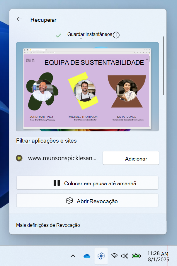 Captura de tela das configurações rápidas do ícone da bandeja do sistema de recall