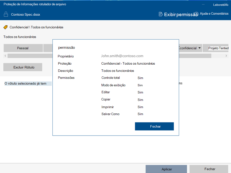 Exibir permissões com o Rotulador de Arquivo da Proteção de Informações do Microsoft Purview