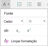 Menu de formatação de fonte