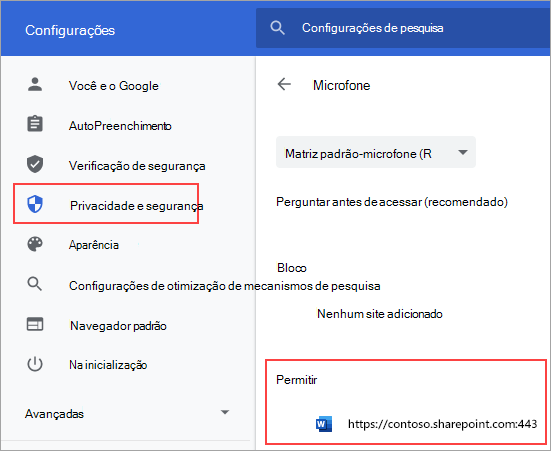 Página de configurações de permissões de microfone para Chrome
