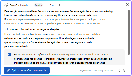 Aplicar a opção sugestões selecionadas no Copilot em Word