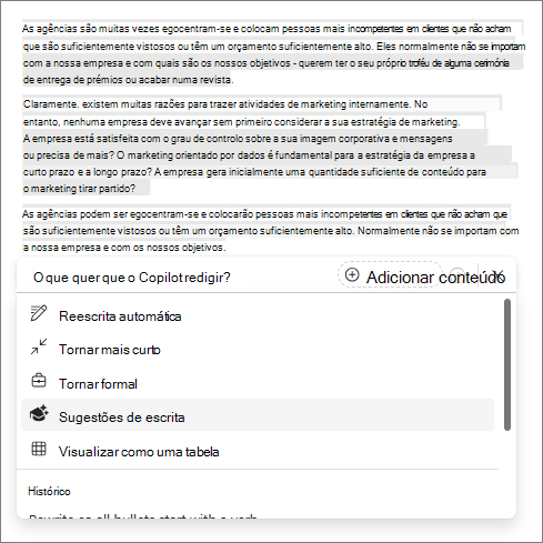 Opção escrever sugestões no Copilot em Word