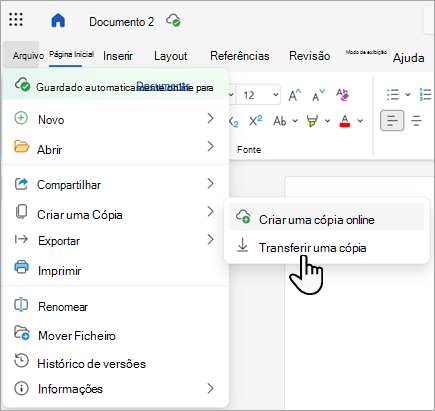 Captura de tela mostrando o comando Baixar uma cópia no Word para a Web.