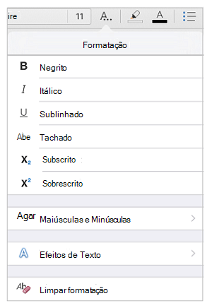 Opções de formatação de texto