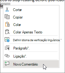 Escolha Novo Comentário no menu de contexto