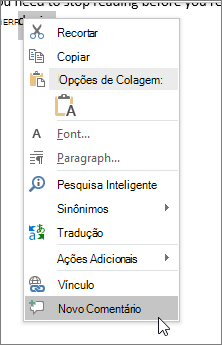 Escolha Novo Comentário no menu de contexto