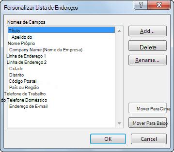 Caixa de diálogo Personalizar Lista de Endereços