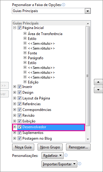 Como ativar a guia Desenvolvedor na faixa de opções do Word