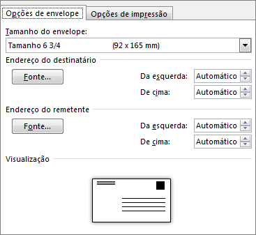 Guia de opções do envelope para definição do tamanho do envelope e fontes do endereço
