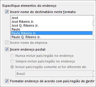 Opções do bloco de endereço