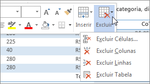 A mini Barra de Ferramentas exibe o menu Excluir