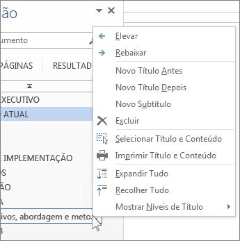 Clicar com o botão direito do mouse nas opções de menu para os títulos no Painel de Navegação