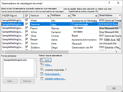 Caixa de diálogo Editar destinatários