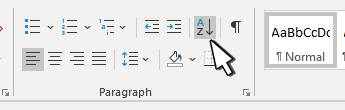 Seção parágrafo em Word com Sort apontado