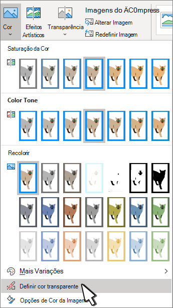 Menu de cores com Definir transparência selecionado.