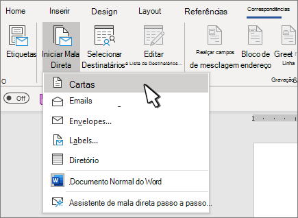 Menu Iniciar mesclagem de email com letras selecionadas