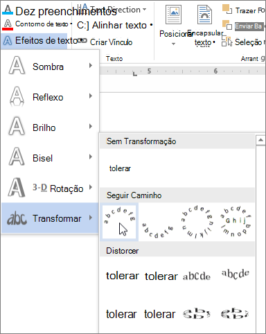 Selecionando um efeito de texto de transformação em curva
