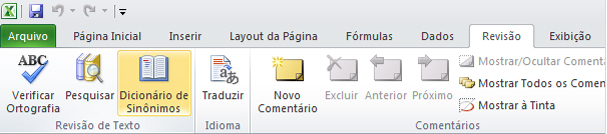 Dicionário de Sinônimos da Guia Revisão da Faixa de Opções do Excel