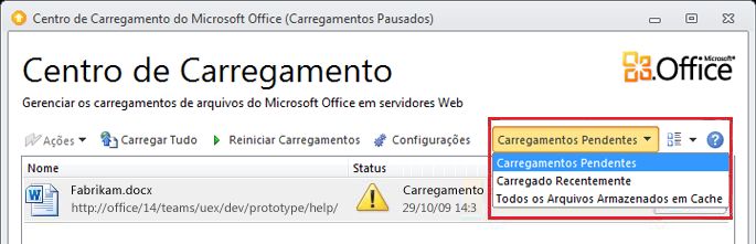 Centro de Carregamento do Office mostrando carregamentos pendentes