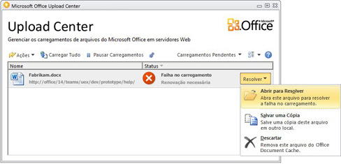 Menu Resolver do Centro de Carregamento