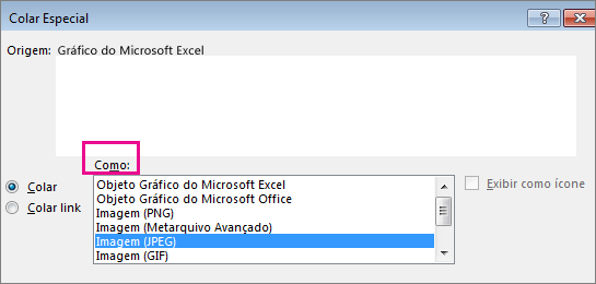 Parte superior da caixa de diálogo Colar Especial