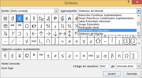Mostra o subconjunto Subscrito e Sobrescrito na caixa de diálogo Símbolo no PowerPoint
