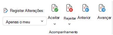 Menu para controlar alterações no Word Web