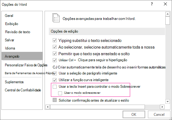 Caixa de diálogo Opções avançadas do Word, em Opções de edição, Caixa de marca Usar modo sobrescrever