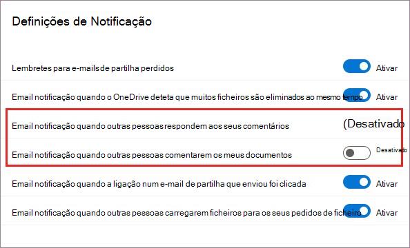 Configurações de Notificações do OneDrive