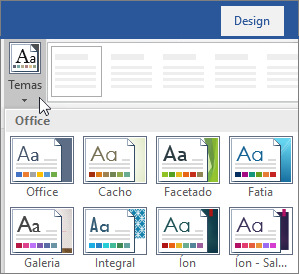 Opções de temas na faixa de opções do Word