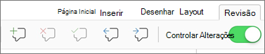 Menu de comentários do separador Rever