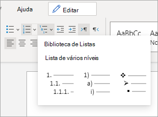 Opções de Lista de Vários Níveis