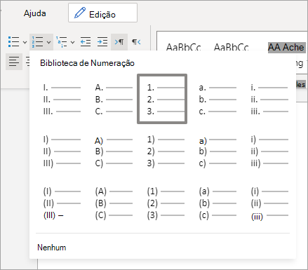 Opções na Biblioteca de Numeração